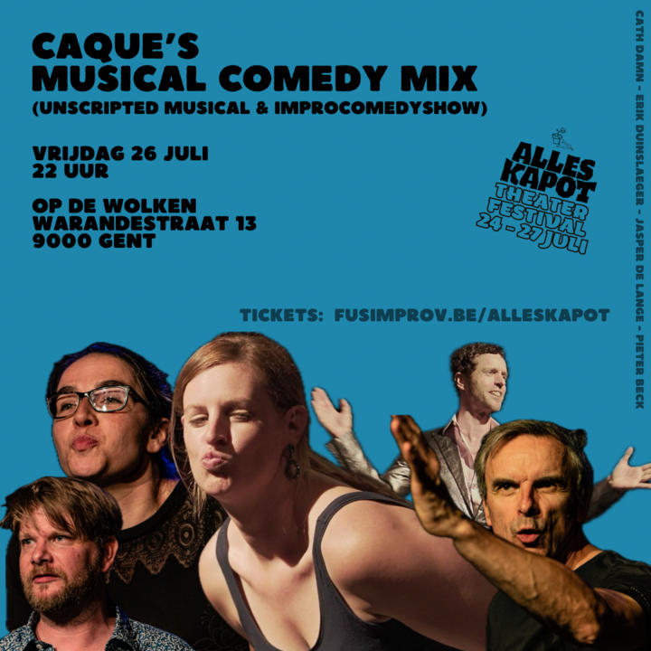 Caque’s Musical Comedy Mix Show Flyer met foto’s van spelers.